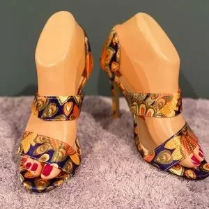 Peacock Feather Print Double Band Stiletto Heels By ChickMe Size US6 EU37